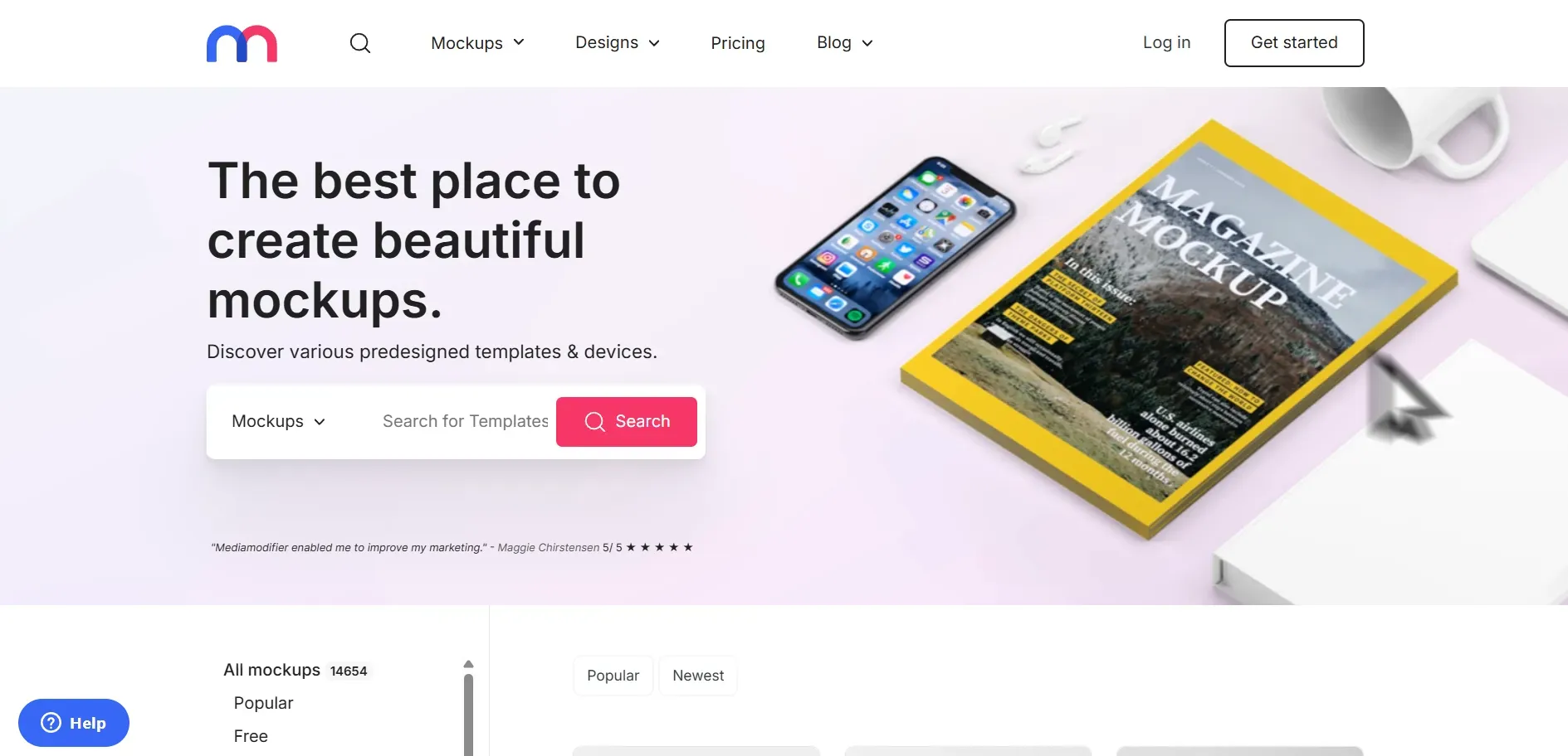MediaModifier homepage banner promoting mockup generator with search bar and device template preview.